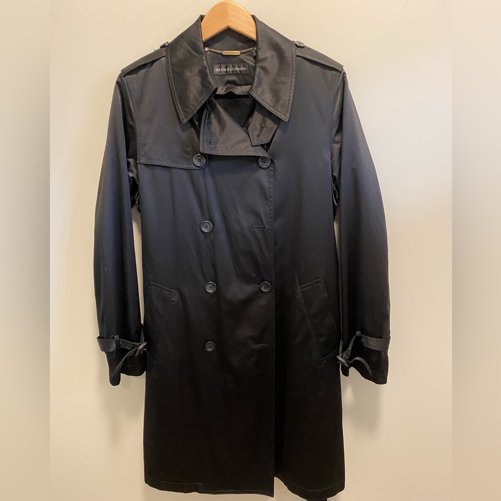 🎉🎉HP🎉🎉 Dana Buchman black all-season belted trench coat style size M - Picture 10 of 10